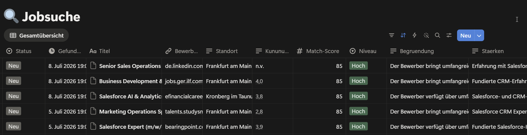 Notion CRM view for deduplicated application tracking
