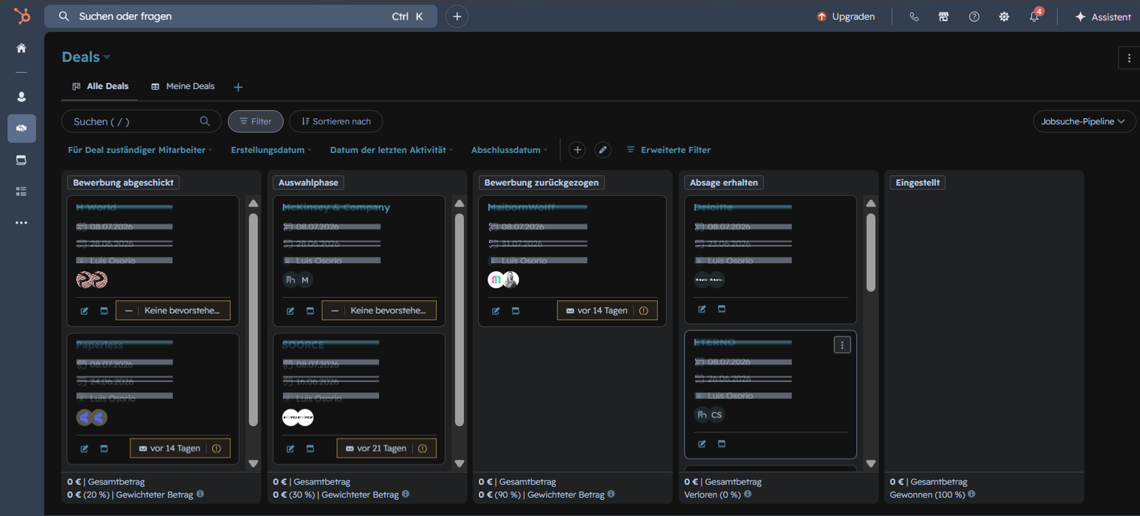 Custom HubSpot Deals pipeline tracking job applications